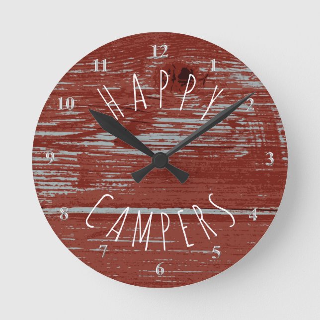 Happy Campers Red Barn Wood | Rustic Camping Round Clock (Front)