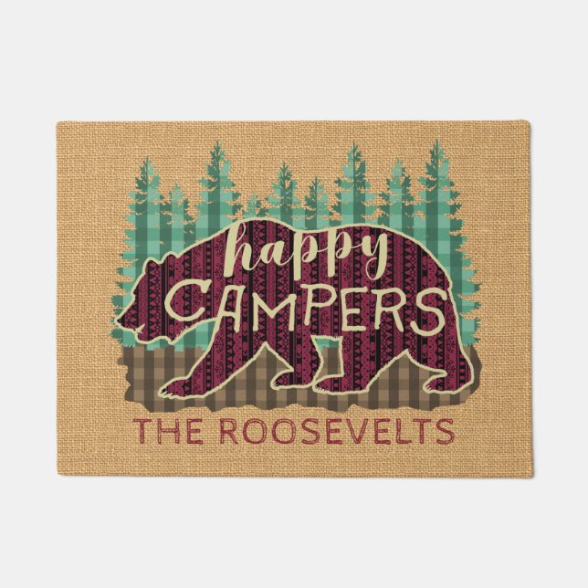 Happy campers rustic burlap bear camping custom doormat (Front)
