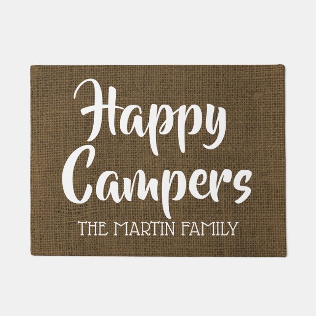 Happy Campers Rustic Burlap Personalised Doormat (Front)