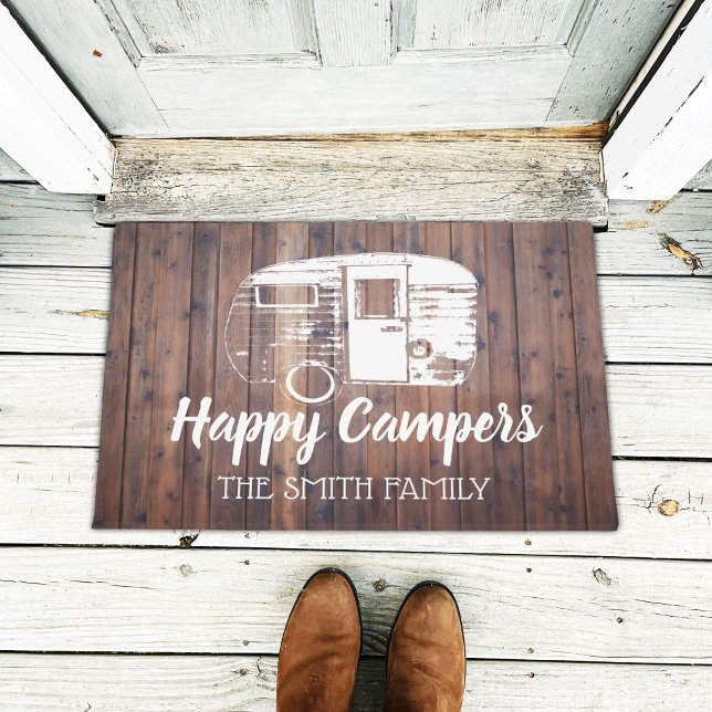 Happy Campers Rustic Camping Trailer Family Name Doormat (Creator Uploaded)