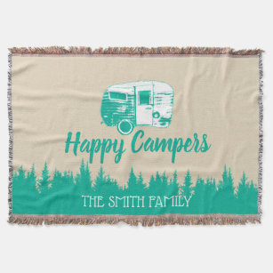 Happy Campers Rustic Camping Trailer Family Name Throw Blanket