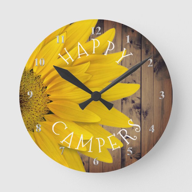 Happy Campers Rustic Sunflower Camping Retirement Round Clock (Front)