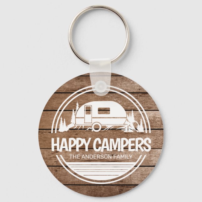 Happy Campers Rustic Wood Camping Key Ring (Front)