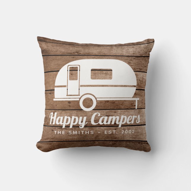 Happy Campers Rustic Wood Camping Throw Pillow (Front)