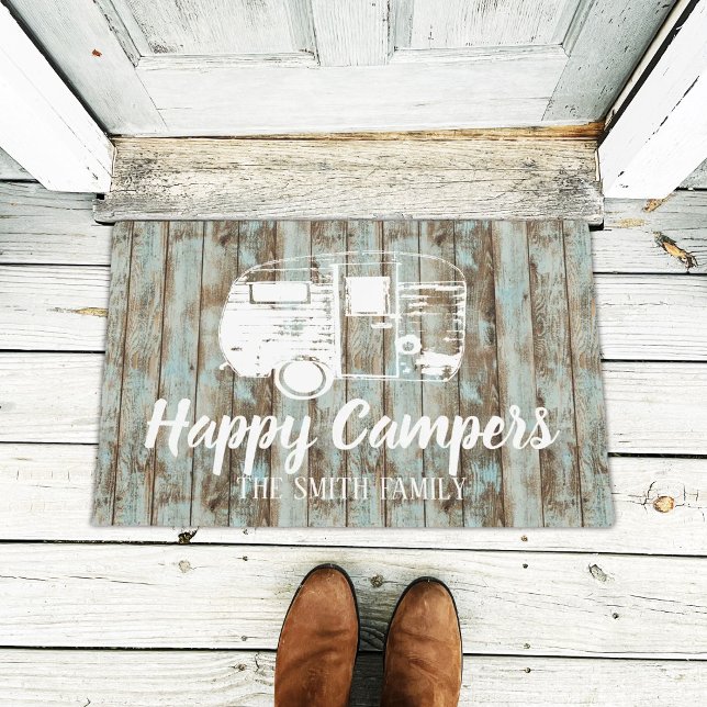 Happy Campers Rustic Wood Family Name Doormat (Creator Uploaded)