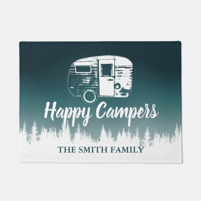 Happy Campers Teal Ombre Forest Family Name Doormat (Front)
