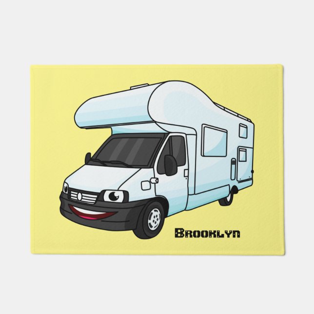 Happy campervan cartoon illustration doormat (Front)