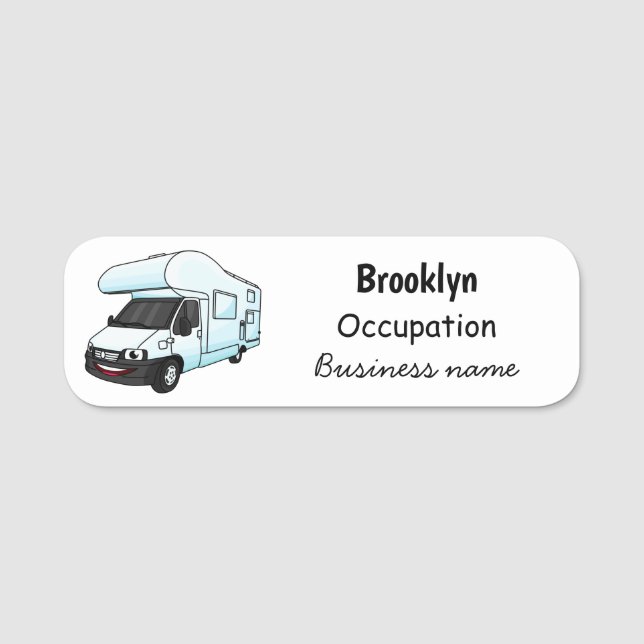 Happy campervan cartoon illustration name tag (Front)
