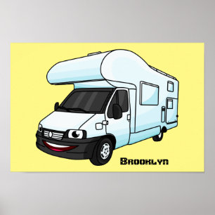 Happy campervan cartoon illustration poster