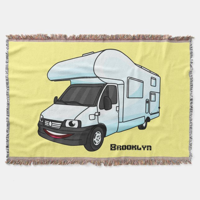 Happy campervan cartoon illustration throw blanket (Front)
