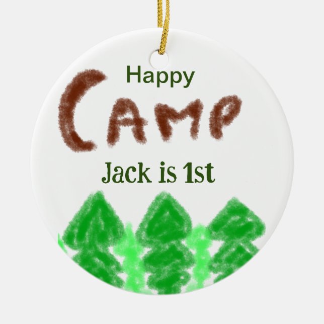 Happy camping camper one birthday kids trees wood ceramic tree decoration (Front)
