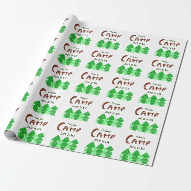 Happy camping camper one birthday kids trees wood wrapping paper (Unrolled)