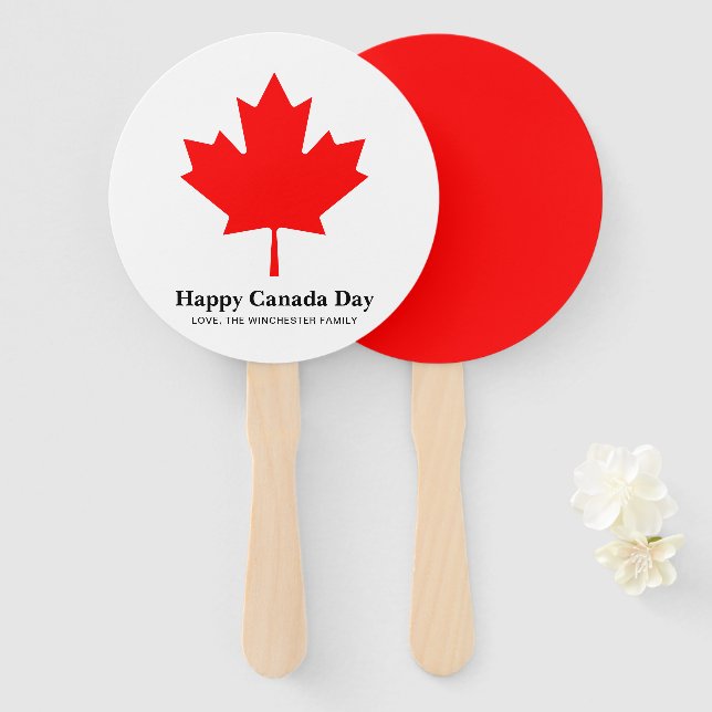 Happy Canada Day custom text with red maple leaf Hand Fan (Front and Back)