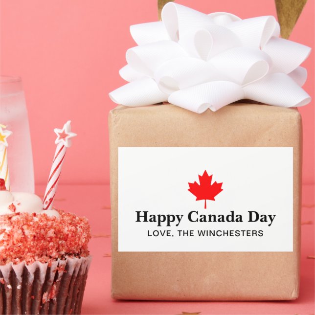 Happy Canada Day custom text with red maple leaf Rectangular Sticker (Party)
