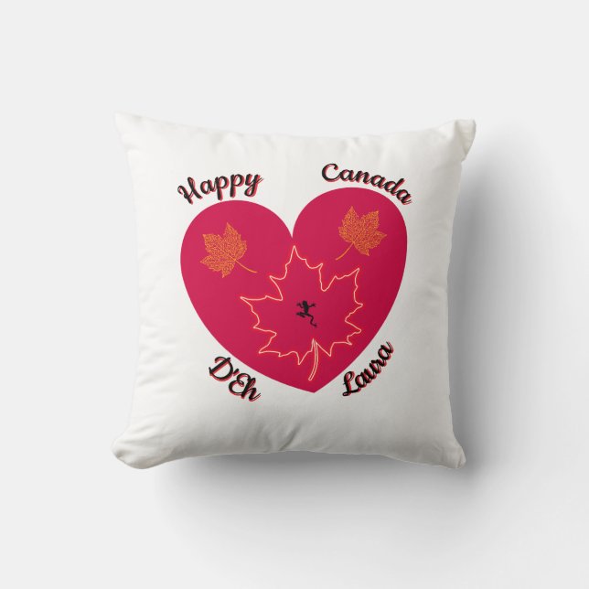 Happy Canada D'Eh Heart, Frog, Maple Leaves Cushion (Front)