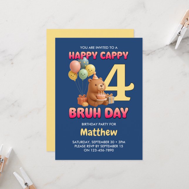 HAPPY CAPPY BRUH DAY Custom Capybara 4th Birthday Invitation (Front/Back In Situ)
