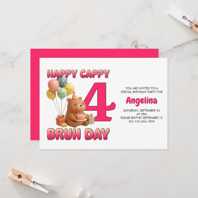 HAPPY CAPPY BRUH DAY Custom Capybara 4th Birthday Invitation (Front/Back In Situ)