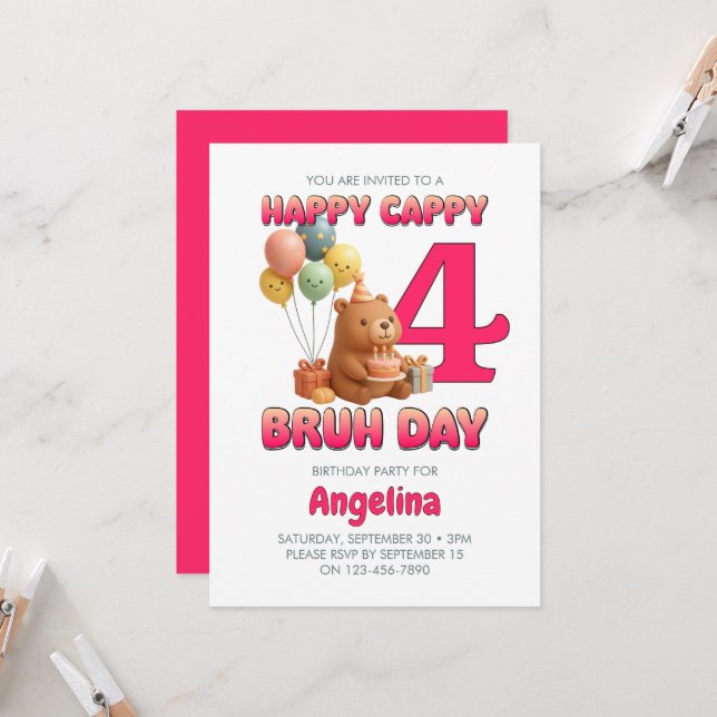 HAPPY CAPPY BRUH DAY Custom Capybara 4th Birthday Invitation (Front/Back In Situ)