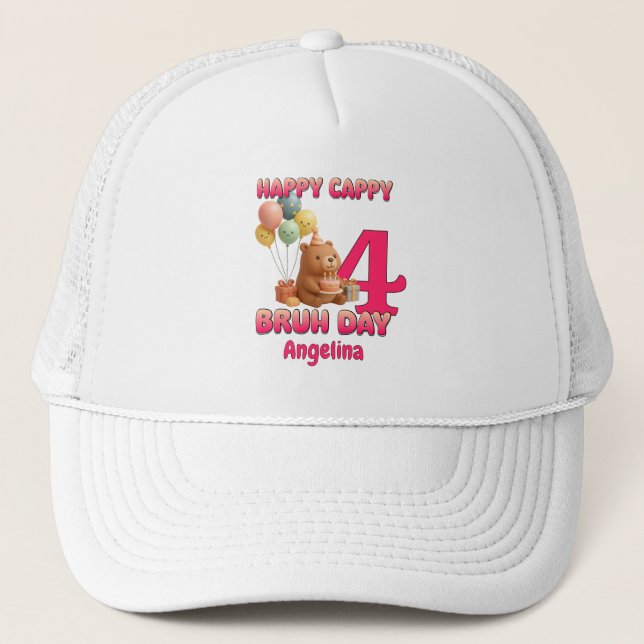 HAPPY CAPPY BRUH DAY Custom Capybara 4th Birthday Trucker Hat (Front)