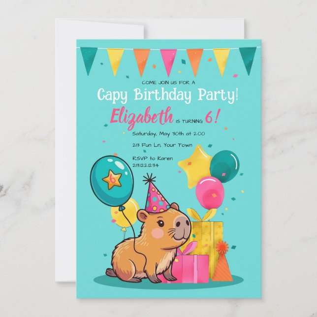Happy Capy Birthday Capybara Invitation Colourful (Front)