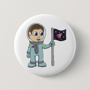 Happy Cartoon Astronaut Holding Rocket Flag 6 Cm Round Badge