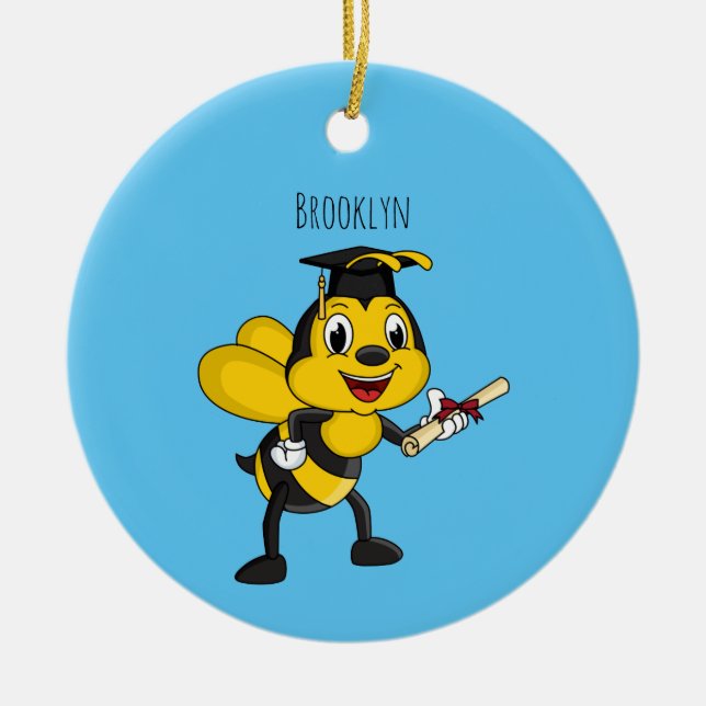 Happy cartoon bee graduation ceramic tree decoration (Front)