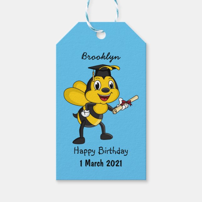 Happy cartoon bee graduation  gift tags (Front)