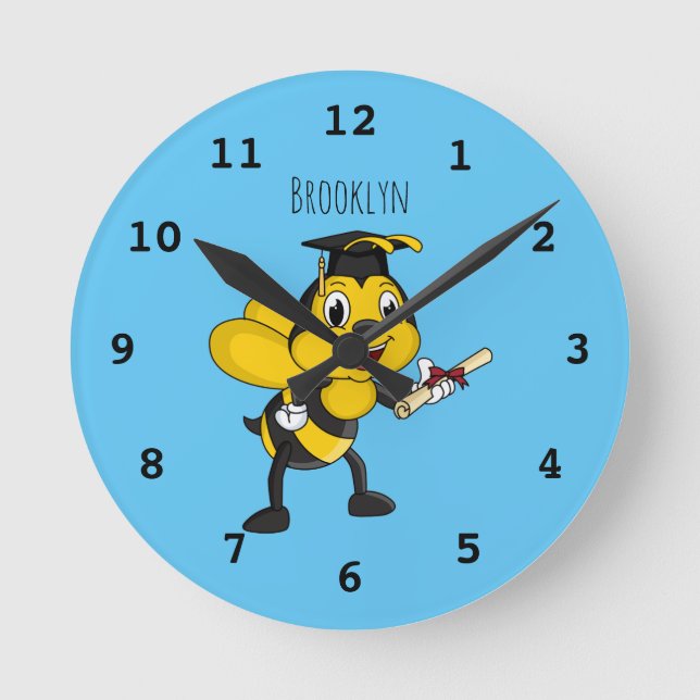 Happy cartoon bee graduation round clock (Front)
