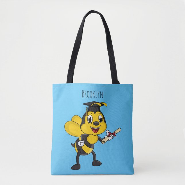 Happy cartoon bee graduation tote bag (Front)