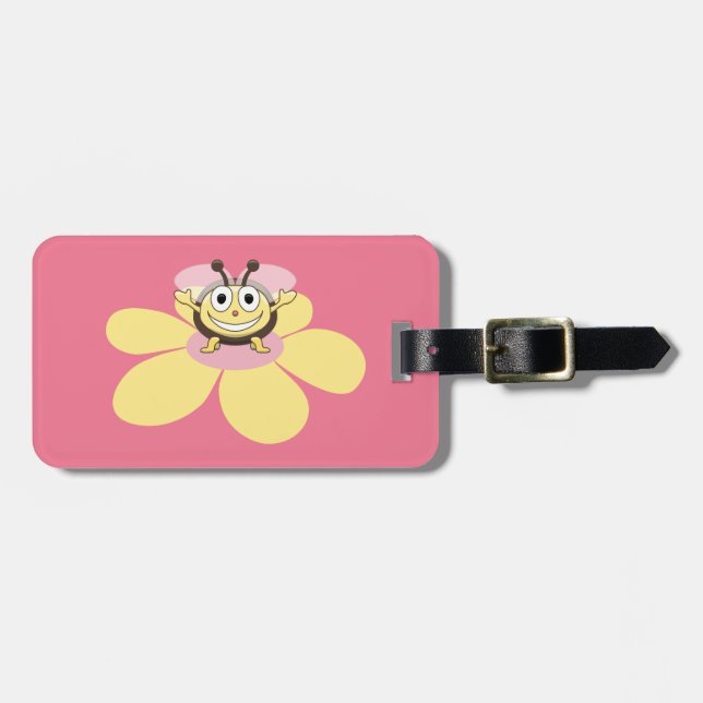 Happy Cartoon Bee Pink Personalised Kids Luggage Tag (Front Horizontal)