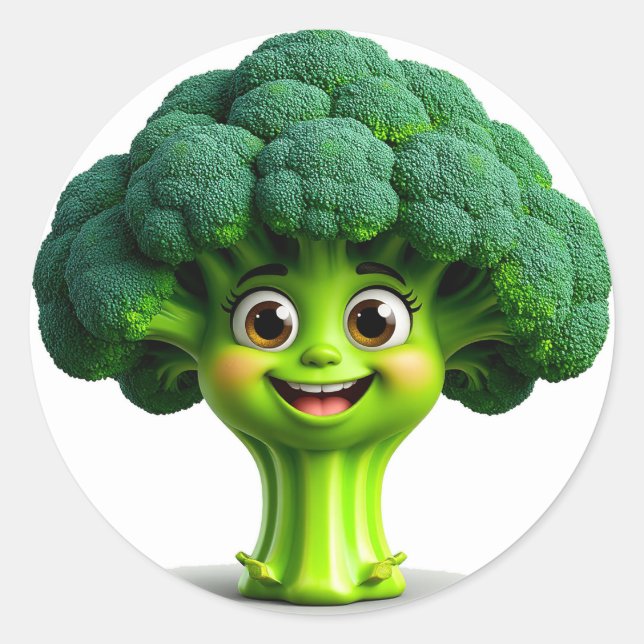 Happy Cartoon Broccoli Character With a Fun Classic Round Sticker (Front)