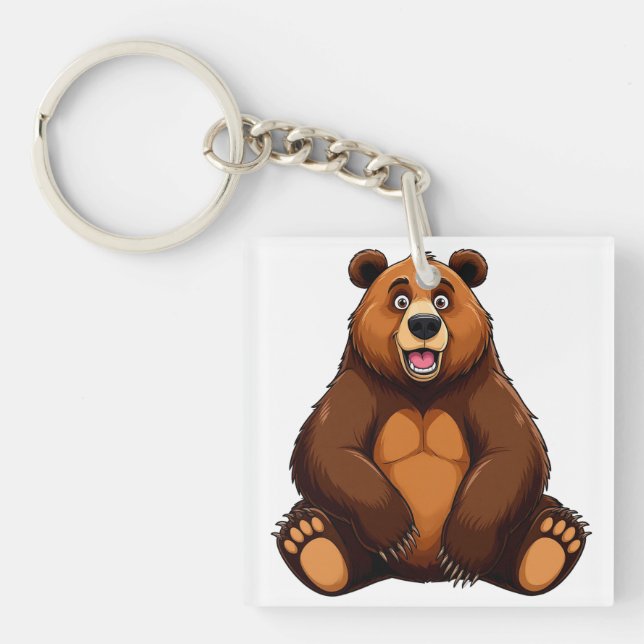 Happy Cartoon Brown Bear Sitting Smiling Key Ring (Front)