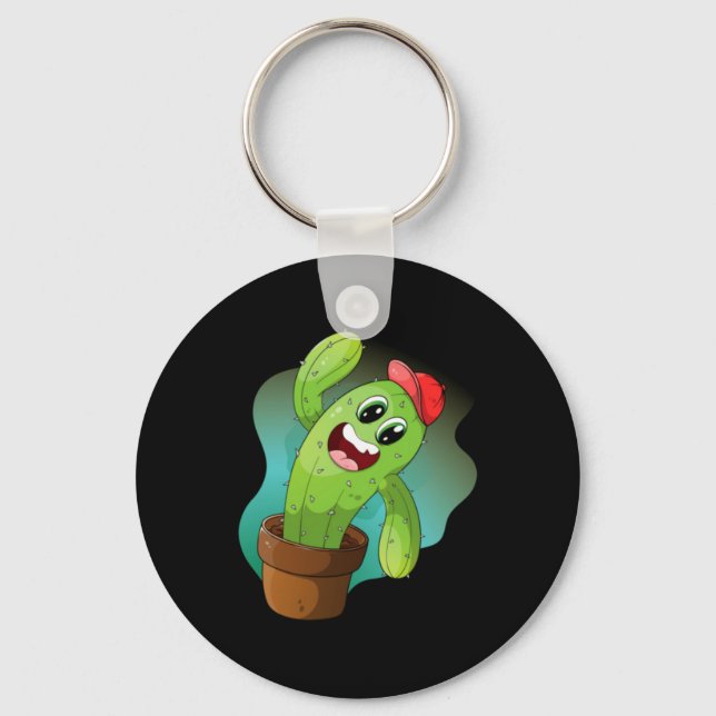 Happy Cartoon Cactus Plant Key Ring (Front)