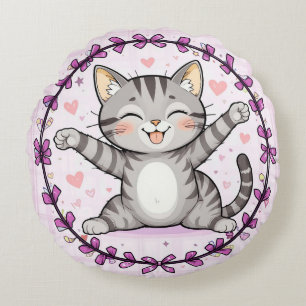 Happy Cartoon Cat Cute Animal Illustration Style  Round Cushion