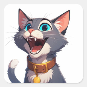 Happy Cartoon Cat With Blue Eyes Cute Pet Square Sticker