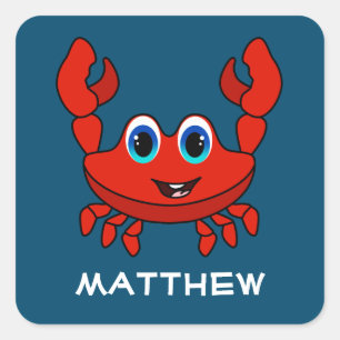 Happy Cartoon Crab Personalised Kids Square Sticker