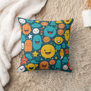 Happy Cartoon Faces Pattern Pillow