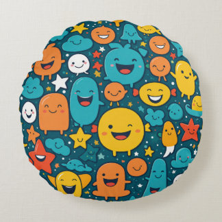 Happy Cartoon Faces Pattern Round Cushion