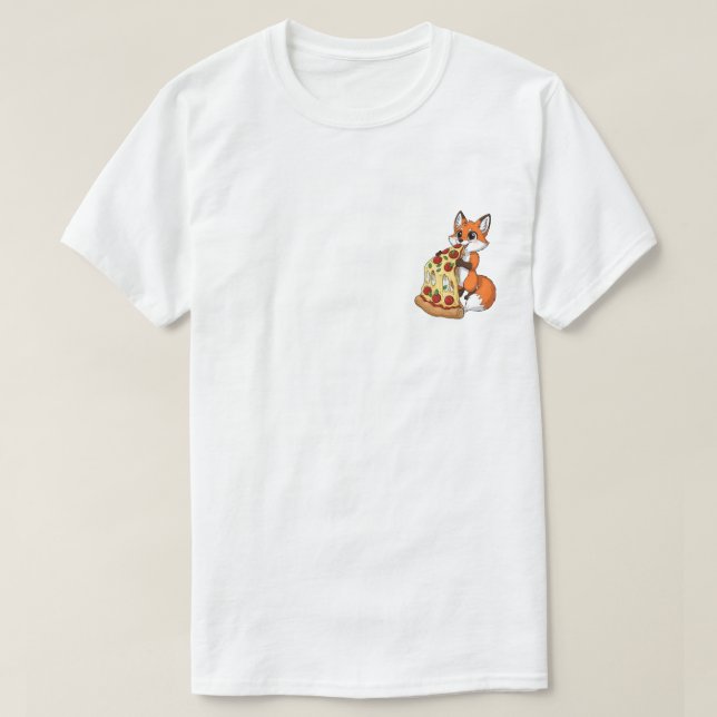 Happy Cartoon Fox Eating Giant Cheesy Pizza T-Shirt (Design Front)