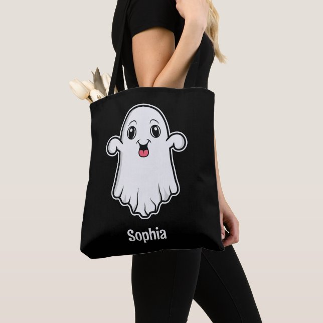 Happy Cartoon Ghost With A Custom Name Black Tote Bag (Close Up)