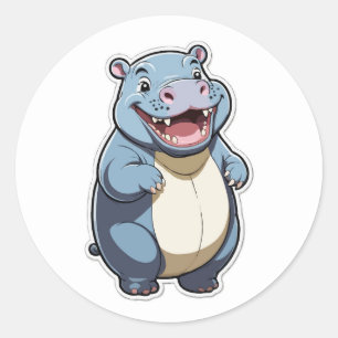 Happy Cartoon Hippo Character Design Classic Round Sticker