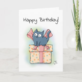 Happy Cartoon Kitten on Box with Ribbon Card