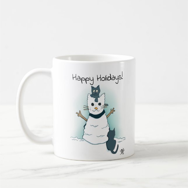 Happy Cartoon Kittens playing in Snow Holiday Coffee Mug (Left)