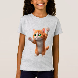 Happy Cartoon Orange Cat Raising Paws T-Shirt