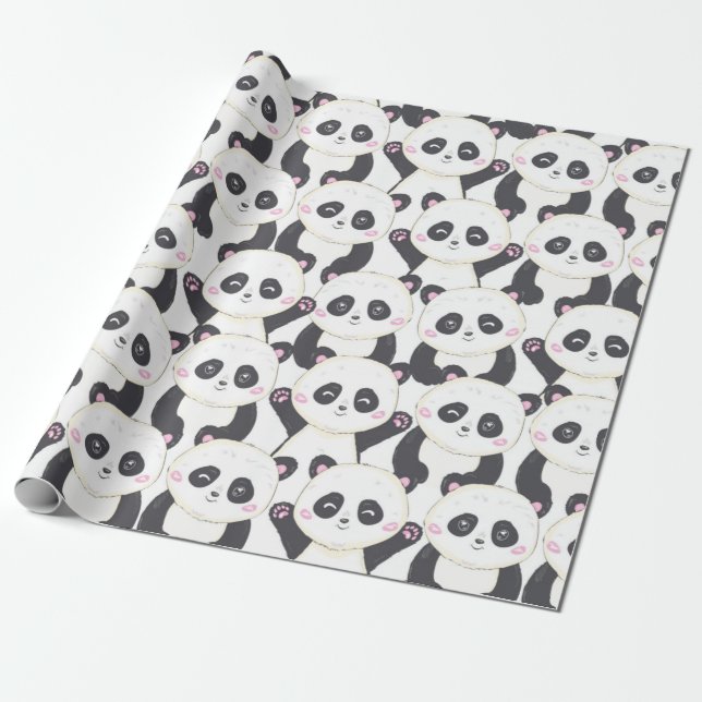 Happy Cartoon Panda Pattern Wrapping Paper (Unrolled)