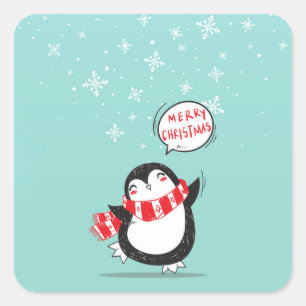 Happy Cartoon Penguin Square Sticker