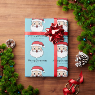 Happy Cartoon Santa Claus Head On Blue And Text Wrapping Paper