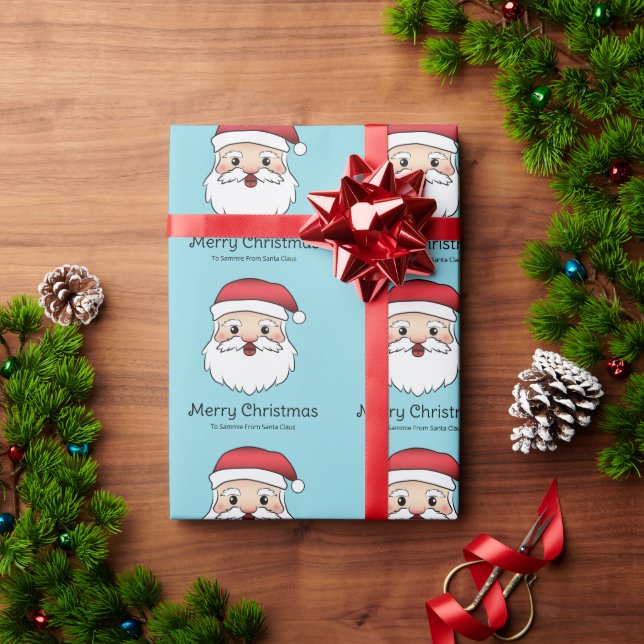 Happy Cartoon Santa Claus Head On Blue And Text Wrapping Paper (Holiday Gift)