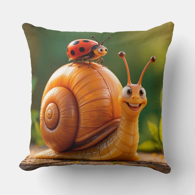 Happy Cartoon Snail Hosting Ladybug Cushion (Front)