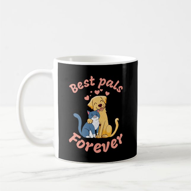 Happy Cat and Happy Dog. Best pals forever. Funny Coffee Mug (Left)